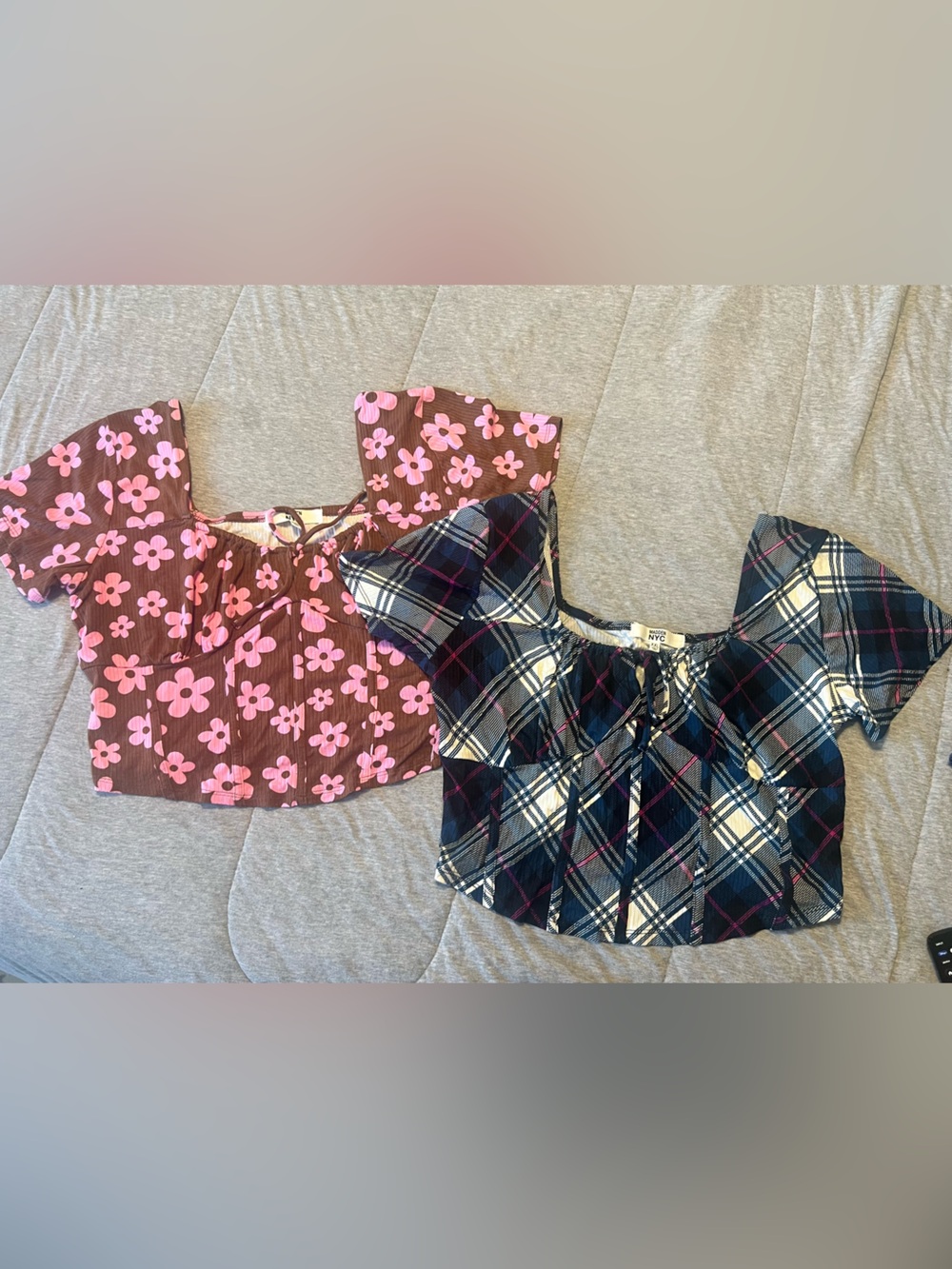 Madden NYC Lot of 2 - Navy Plaid & Brown Floral Crop Tops | Women’s XXL